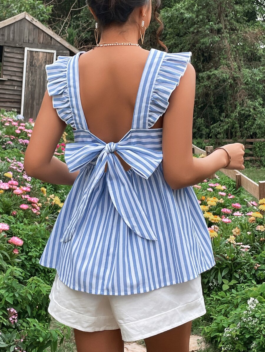 SHEIN Maternity Striped Tie Backless Ruffle Trim Top - Blue and White - View 1