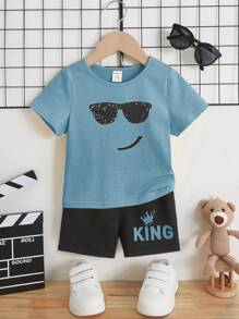 SHEIN Leap Crew Baby Boy Cartoon & Letter Graphic Tee & Shorts - Dusty Blue - View 1