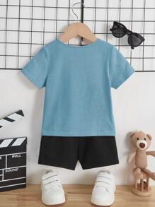 SHEIN Leap Crew Baby Boy Cartoon & Letter Graphic Tee & Shorts - Dusty Blue - View 2