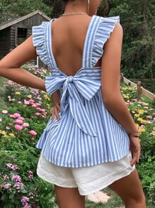 SHEIN Maternity Striped Tie Backless Ruffle Trim Top - Blue and White - View 5