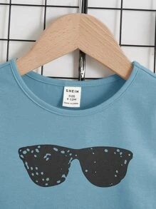 SHEIN Leap Crew Baby Boy Cartoon & Letter Graphic Tee & Shorts - Dusty Blue - View 3