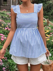 SHEIN Maternity Striped Tie Backless Ruffle Trim Top - Blue and White - View 6