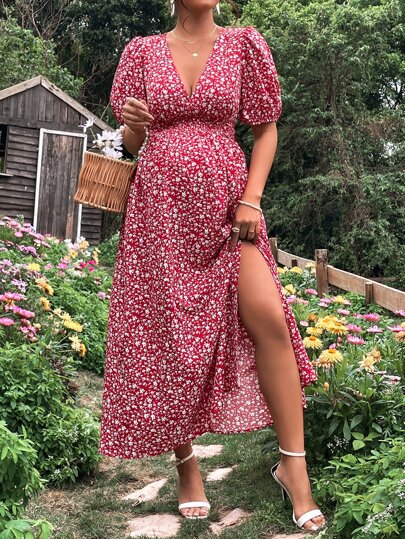 SHEIN Maternity Ditsy Floral Print Puff Sleeve Split Thigh Dress