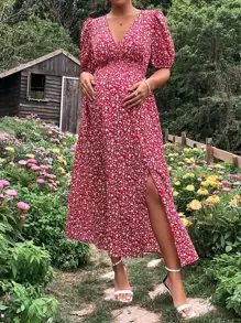 SHEIN 孕婦碎花泡泡袖高衩連衣裙 - 紅白色 - 查看 3