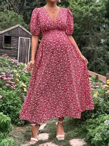 SHEIN 孕婦碎花泡泡袖高衩連衣裙 - 紅白色 - 查看 4