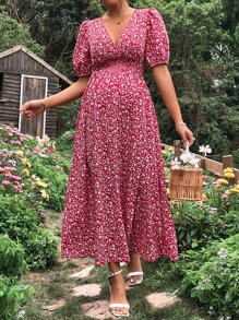 SHEIN 孕婦碎花泡泡袖高衩連衣裙 - 紅白色 - 查看 6