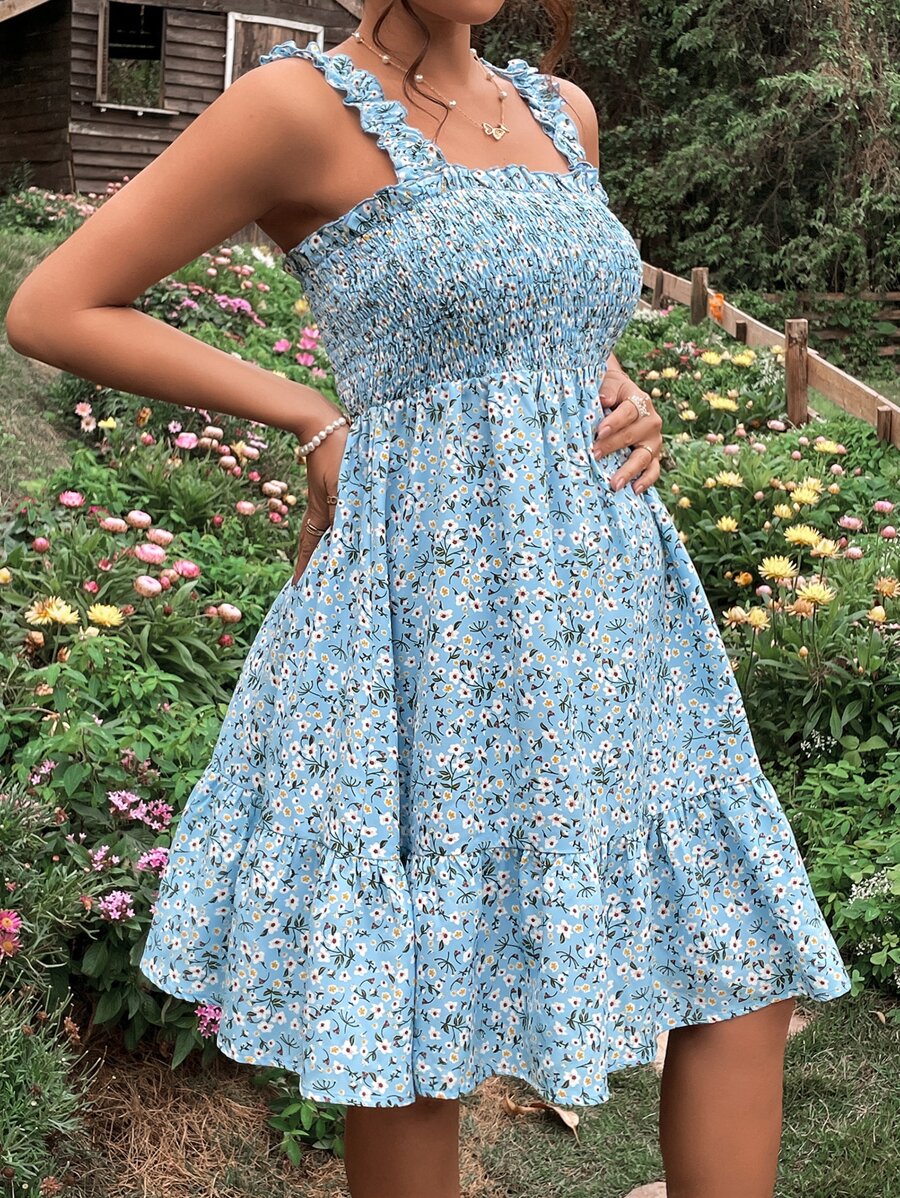 SHEIN Maternity Ditsy Floral Print Ruffle Hem Cami Dress - Blue - View 1