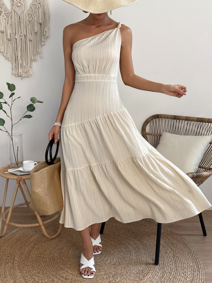 SHEIN VCAY One Shoulder Ruffle Hem Dress - Apricot - View 1