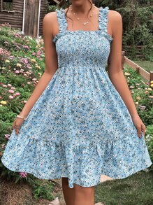 SHEIN Maternity Ditsy Floral Print Ruffle Hem Cami Dress - Blue - View 3