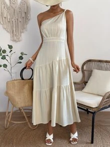SHEIN VCAY One Shoulder Ruffle Hem Dress - Apricot - View 5