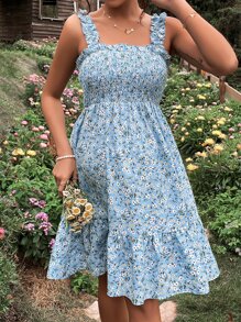 SHEIN Maternity Ditsy Floral Print Ruffle Hem Cami Dress - Blue - View 5