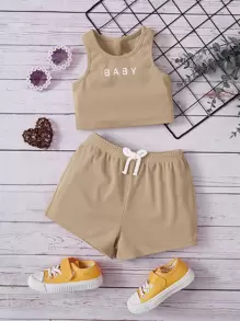 SHEIN Baby Girl Letter Graphic Tank Top & Bow Front Shorts - Khaki - View 1
