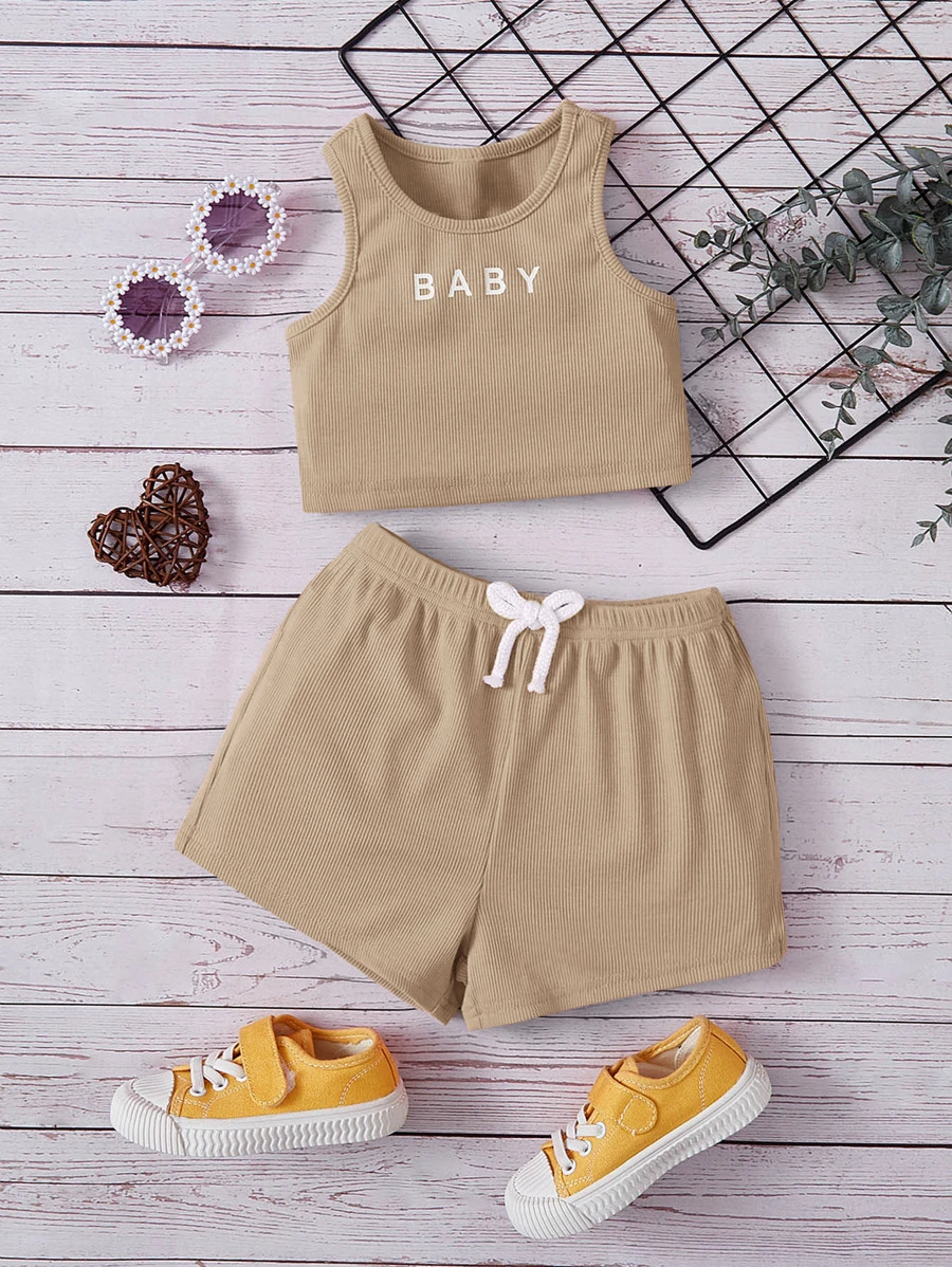 SHEIN Baby Girl Letter Graphic Tank Top & Bow Front Shorts - Khaki - View 1