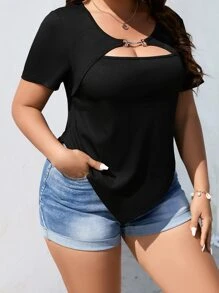 SHEIN ICON Plus Cut Out Front Curved Hem Tee - Black - View 1