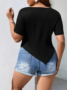 SHEIN ICON Plus Cut Out Front Curved Hem Tee - Black - View 2