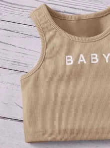 SHEIN Baby Girl Letter Graphic Tank Top & Bow Front Shorts - Khaki - View 4