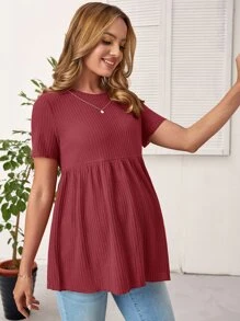 SHEIN Áo thun Bà bầu Viên lá sen màu trơn Giải trí - Màu Đỏ Sâu - Xem 3