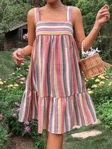 SHEIN Maternidad Vestido de tirantes con estampado de rayas bajo con fruncido - Multicolor - Ver 1