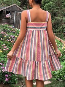 SHEIN Maternidad Vestido de tirantes con estampado de rayas bajo con fruncido - Multicolor - Ver 2