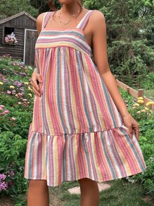 SHEIN Maternidad Vestido de tirantes con estampado de rayas bajo con fruncido - Multicolor - Ver 3