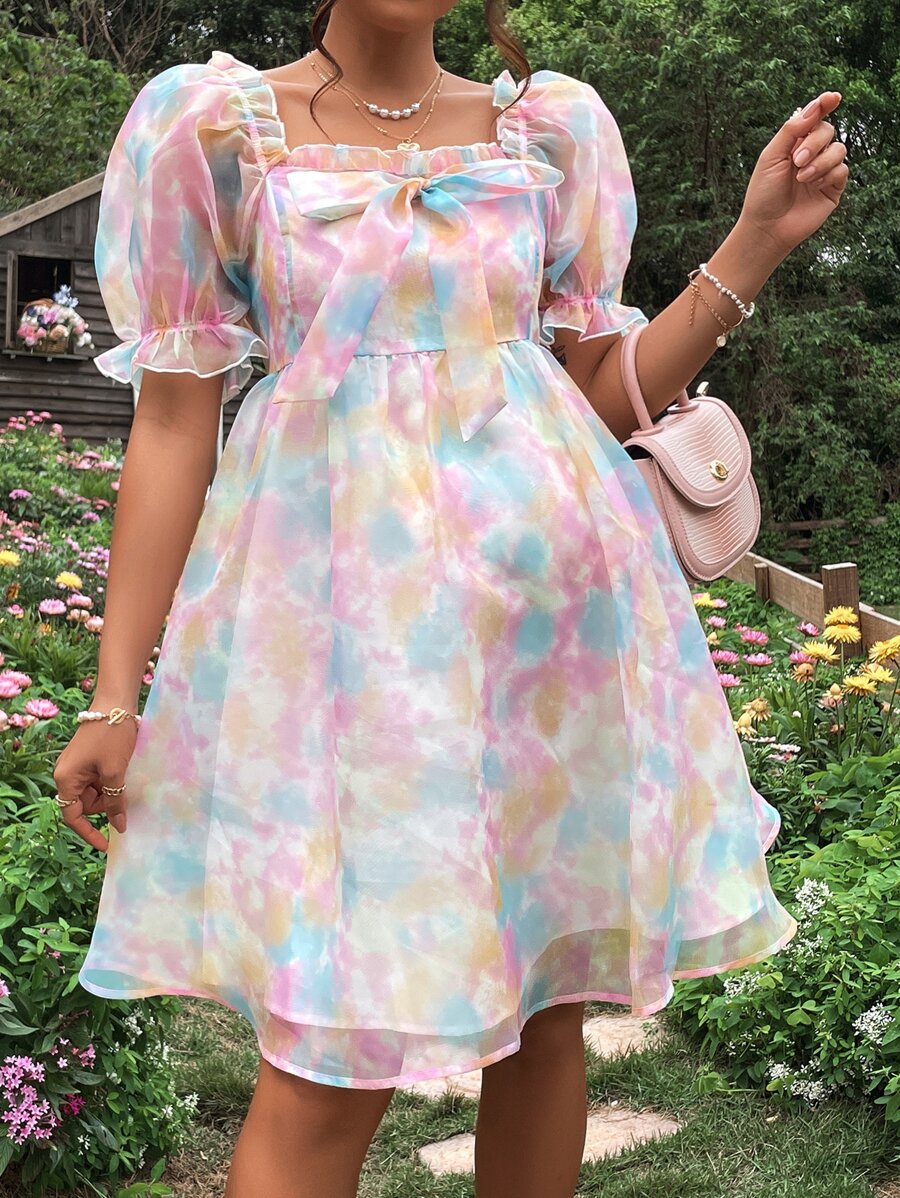 SHEIN 孕婦紮染泡泡袖褶邊歐根紗連衣裙 - 彩色 - 查看 1