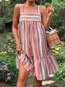 SHEIN Maternidad Vestido de tirantes con estampado de rayas bajo con fruncido - Multicolor - Ver 4