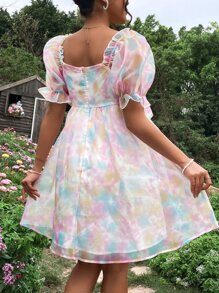 SHEIN 孕婦紮染泡泡袖褶邊歐根紗連衣裙 - 彩色 - 查看 2