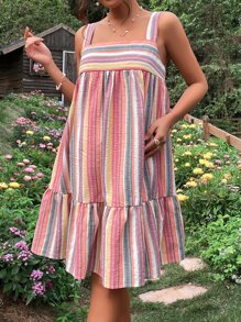 SHEIN Maternidad Vestido de tirantes con estampado de rayas bajo con fruncido - Multicolor - Ver 5