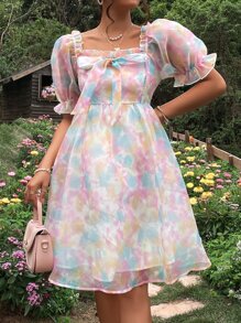 SHEIN 孕婦紮染泡泡袖褶邊歐根紗連衣裙 - 彩色 - 查看 3