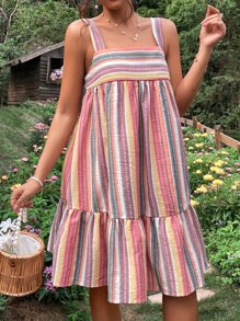 SHEIN Maternidad Vestido de tirantes con estampado de rayas bajo con fruncido - Multicolor - Ver 6