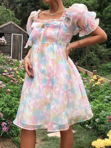 SHEIN 孕婦紮染泡泡袖褶邊歐根紗連衣裙 - 彩色 - 查看 4