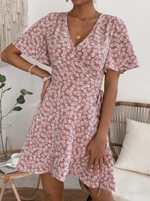 SHEIN LUNE 碎花側打結圍裹式洋裝 - 粉色 - 查看 3