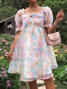 SHEIN 孕婦紮染泡泡袖褶邊歐根紗連衣裙 - 彩色 - 查看 7