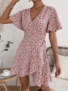SHEIN LUNE 碎花側打結圍裹式洋裝 - 粉色 - 查看 6