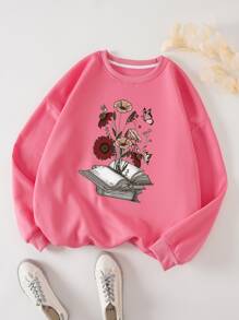 SHEIN LUNE Plus Book & Floral Print Thermal Lined Sweatshirt - Pink - View 1