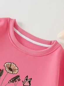 SHEIN LUNE Plus Book & Floral Print Thermal Lined Sweatshirt - Pink - View 3