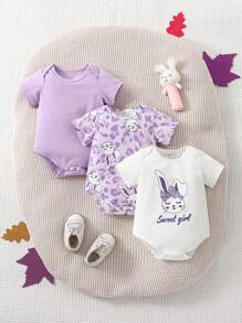 Baby Girl 3pcs Rabbit & Letter Graphic Bodysuit - Multicolor - View 1
