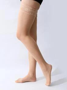 Contrast Lace Over The Knee Socks - Beige - View 2