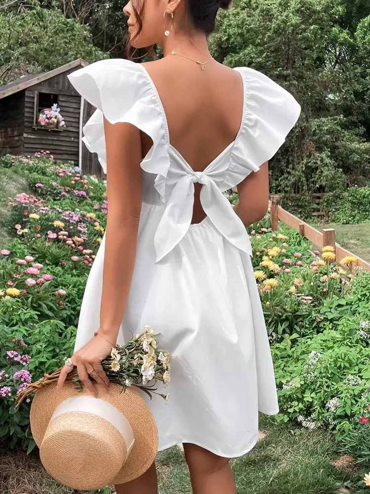 SHEIN Maternity Ruffle Trim Tie Backless Dress - White - View 5