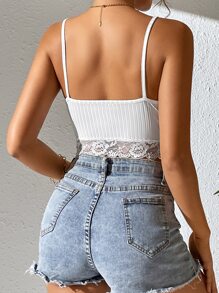 SHEIN Privé Contrast Lace Ruched Crop Cami Top - White - View 2