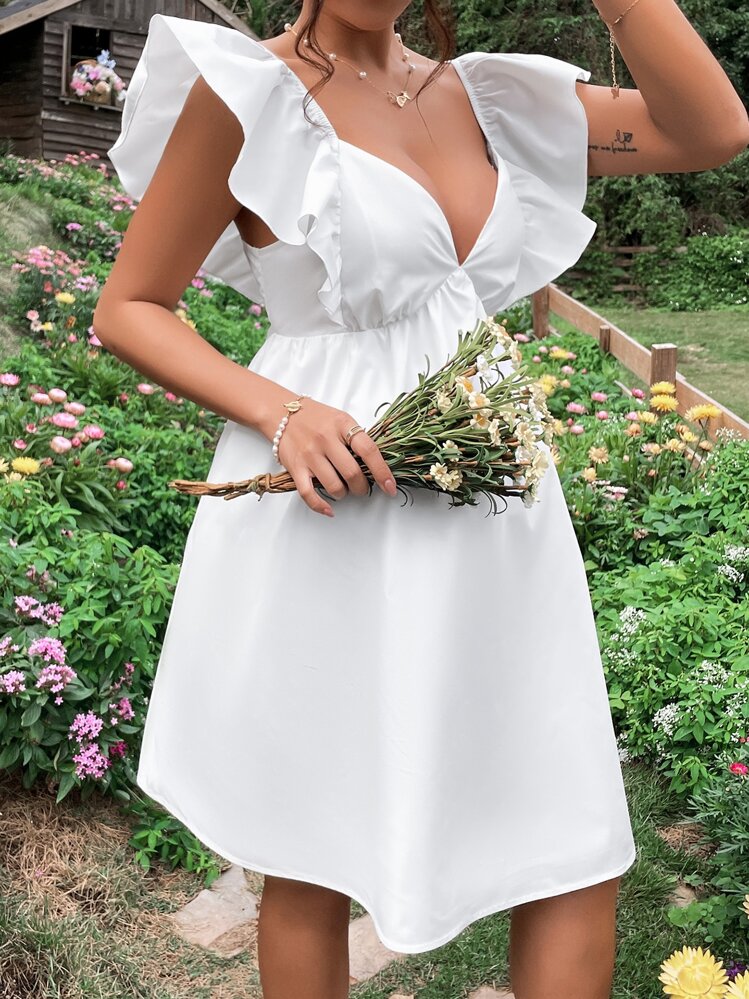 SHEIN Maternity Ruffle Trim Tie Backless Dress - White - View 7