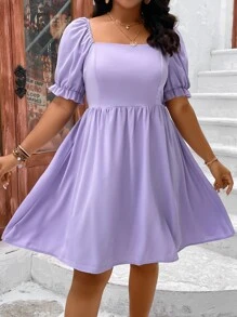 SHEIN Clasi Đầm Plus Size viền lá sen Dây kéo Dải chun màu trơn Giải trí - Màu Lilac Tím - Xem 1