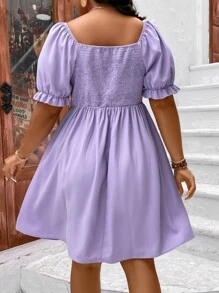 SHEIN Clasi Đầm Plus Size viền lá sen Dây kéo Dải chun màu trơn Giải trí - Màu Lilac Tím - Xem 2