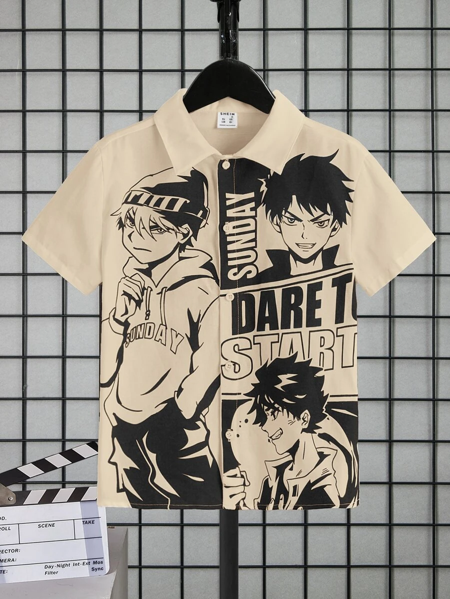 SHEIN 男孩字母人物圖案襯衫