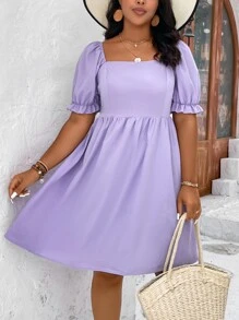 SHEIN Clasi Đầm Plus Size viền lá sen Dây kéo Dải chun màu trơn Giải trí - Màu Lilac Tím - Xem 3