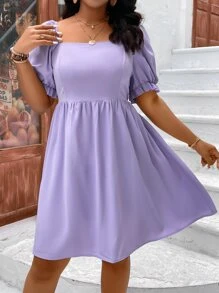 SHEIN Clasi Đầm Plus Size viền lá sen Dây kéo Dải chun màu trơn Giải trí - Màu Lilac Tím - Xem 4