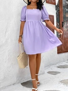SHEIN Clasi Đầm Plus Size viền lá sen Dây kéo Dải chun màu trơn Giải trí - Màu Lilac Tím - Xem 5