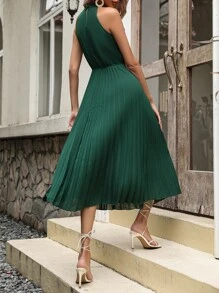 Breezaya Keyhole Neckline Pleated Hem Dress - Dark Green - View 2