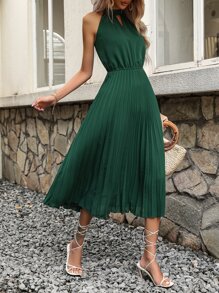 Breezaya Keyhole Neckline Pleated Hem Dress - Dark Green - View 3