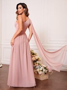 單肩扭結細節雪紡伴娘連衣裙 - 淺粉色 - 查看 2